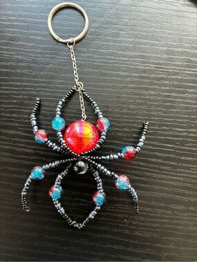 Handmade Keychain with Blue and Red Beads